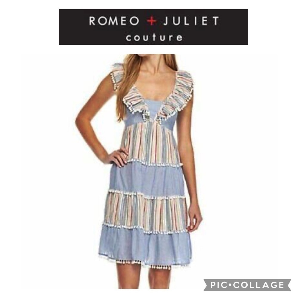Romeo & Juliet Couture Striped Tiered Pom Pom Ruffled Sleeveless Dress